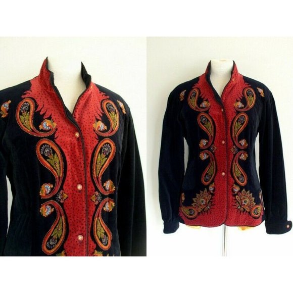 Vintage 1980s Saxon Hall Black Velvet Floral Blazer M